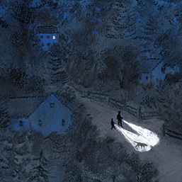 Two people walking down a dark path with flashlights