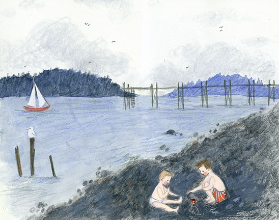 Two boys at the beach illustration