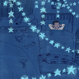 Illustration of a boy in bed under a ceiling of glow-in-the-dark stars