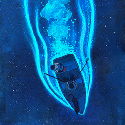 Row boat in bioluminescent water
