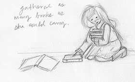 Children gathering books illustration